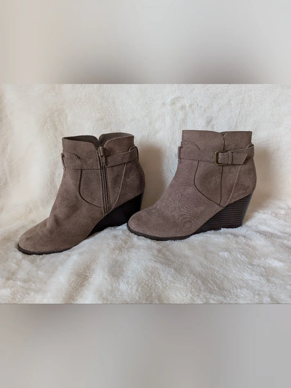Market & Spruce Taupe Suede Wedge Ankle Booties with Buckle Detail